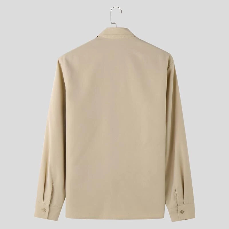 INCERUN Mens Deconstructed Tie-Detail Long Sleeve Shirt Fashion Solid Color Button Lapel Top Shirts for Male