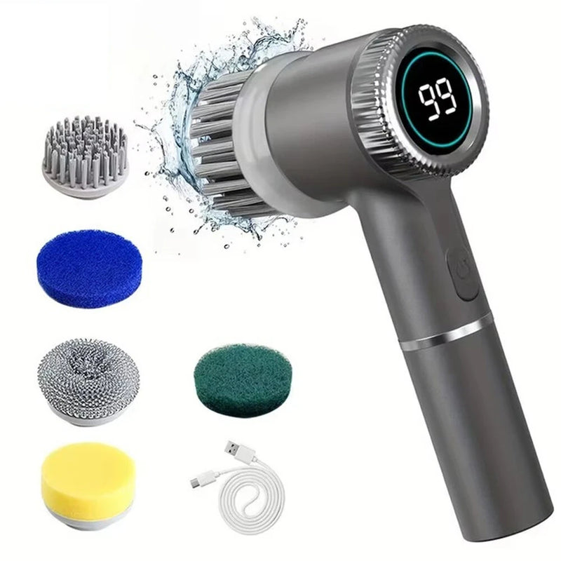 5 in1 Portable Electric Cleaning Brush 5W 1200mAh Rechargeable 3-Speed Adjustable 1600/2000/2400 RPM Cordless Multi-functional Kitchen Dish Scrubber with LED Indicator and USB Charging