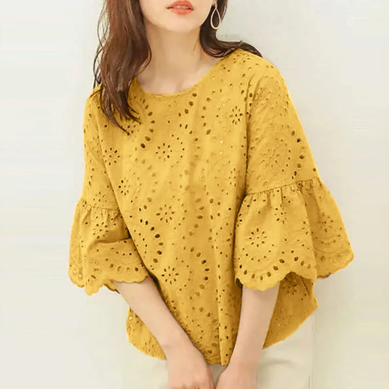 ZANZEA Women Korean Casual Shirt Daily Embroidery Hollow Ruffle Sleeve Blouses