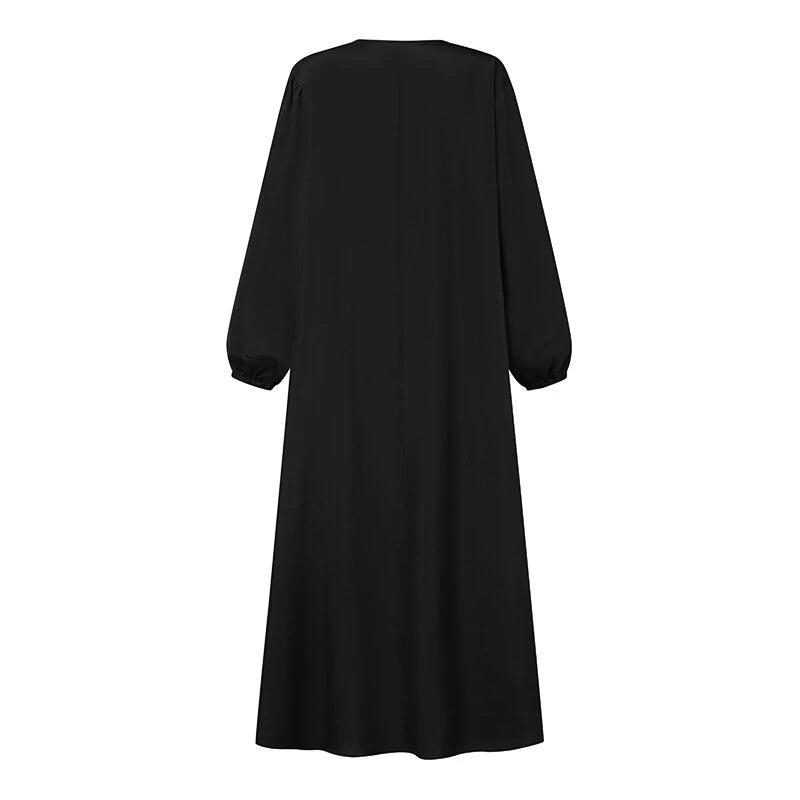 ZANZEA Women Abaya Casual Maxi A-Line Sundress Kaftans Lantern Sleeve O-Neck Plain Dress