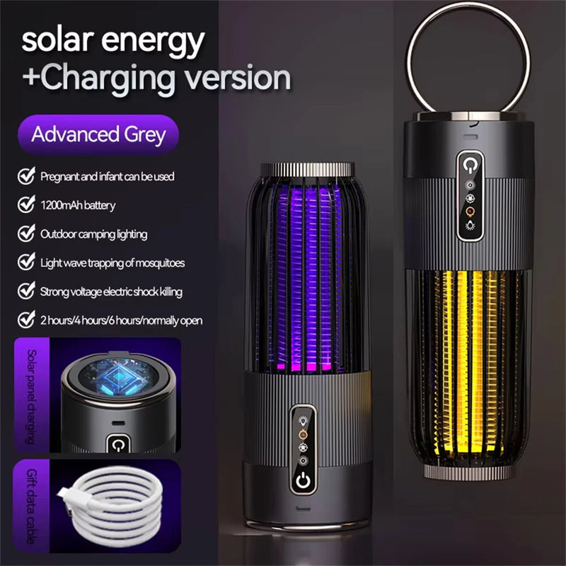 2 in 1 Solar Powered Mosquito Killer Lamp LED Lighting 1200mAh Lithium Battery 2500V High-voltage Efficient Bug Zapper Outdoor Camping Night Light