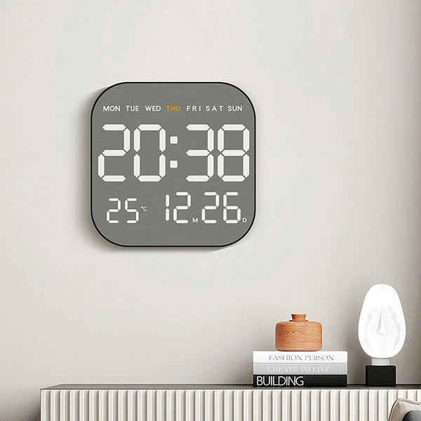 Metal Brushed Texture Digital Wall Clock Alarm Set Large Display Screen LED Alarm Clock Home Office Bedroom with Remote Control