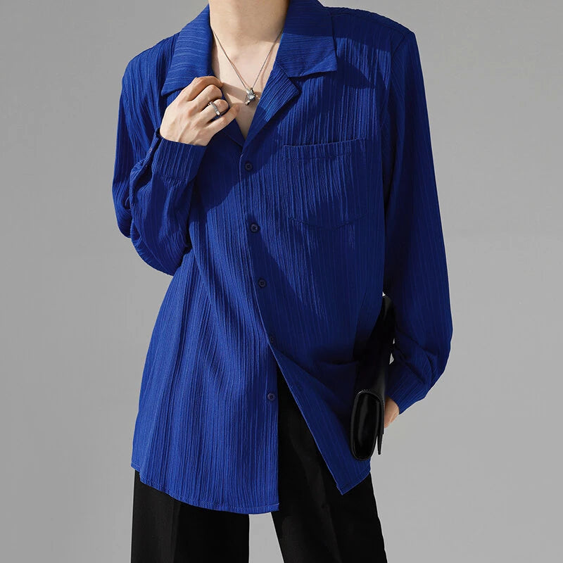 INCERUN Men's Casual Shirt Solid Color Long Sleeve Lapel Collar Button-Down Daily Shirt with Single Color Stripes, Loose Fit