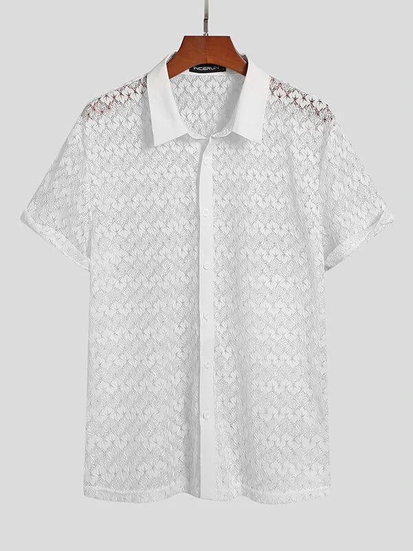 Men Lace Floral See Through Short Sleeve Lapel Collar Shirt