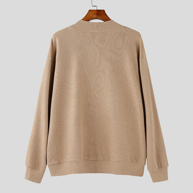 INCERUN Mens Textured Asymmetrical V-Neck Long-Sleeve Sweater Comfortable Solid Color Casual Fall Winter Top S-5XL