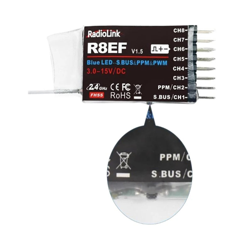 RadioLink R8EF 2.4GHz 8CH Long Distance PWM PPM SBUS RC Receiver for T8FB T8S RC Transmitter RC Airplane Car Boat