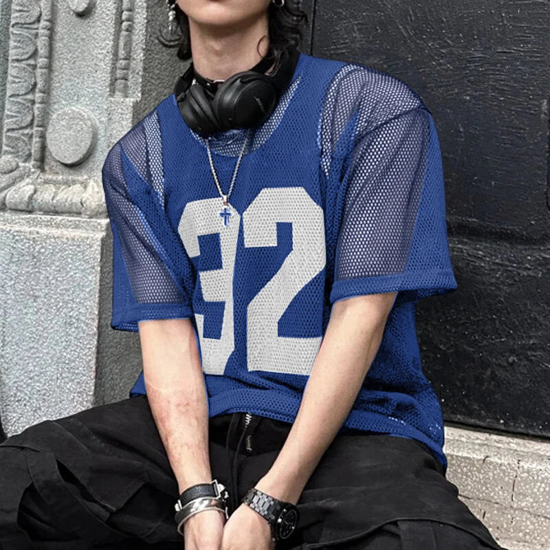 INCERUN Mens Numeric Print Sheer Mesh T-Shirt Solid Color Crew Neck Tshirts Fashion Matching Streatwear for Male Plus Size S-5XL