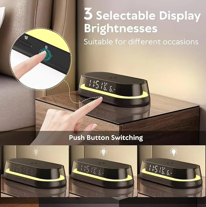 3 in 1 LED Symphony Night Lights Digital Clock Display 15W Wireless Charging Mobile Phone Holder Adjustable Brightness Bedroom Night Light