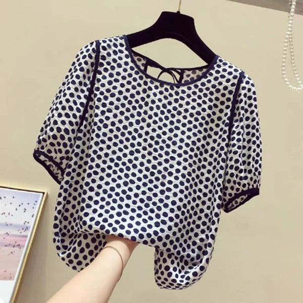 ZANZEA Females Polka Dot Top with Back Tie Lantern Sleeve and Open-Front Design, Womens Crew Neck Blouses Short Sleeve Shirts Plus Size S-5XL