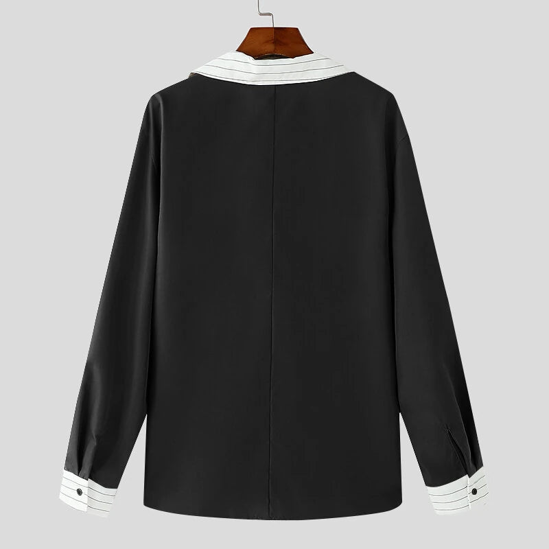 INCERUN Mens Color Block Striped Long Sleeve Shirt Loose Fit Lapel Top Casual Male Clothing S-5XL