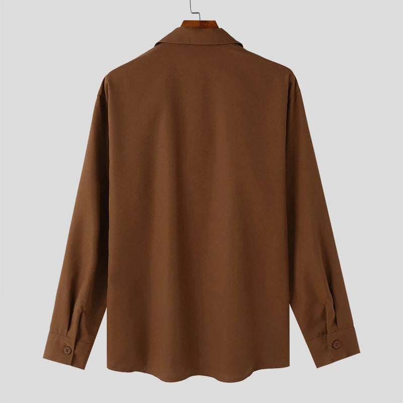 INCERUN Mens Japanese Style Loose V-Neck Shirt Suit Collar Long Sleeve Shirt Top for Male