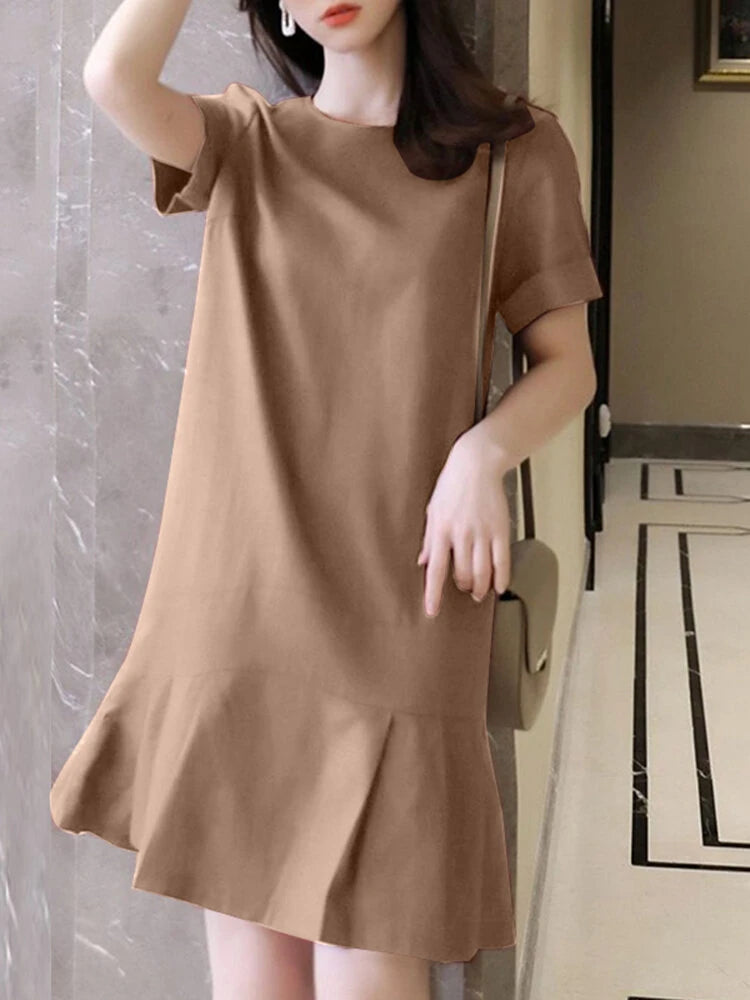 ZANZEA Women Plus Size Solid Ruffle Hem Pocket Short Sleeve Crew Neck Casual Dress