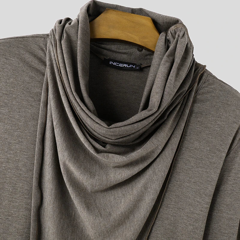 INCERUN Mens Draped Neck Ruffled Long Sleeve T-Shirt Comfortable Stretch Fabric Casual Tshirt for Male