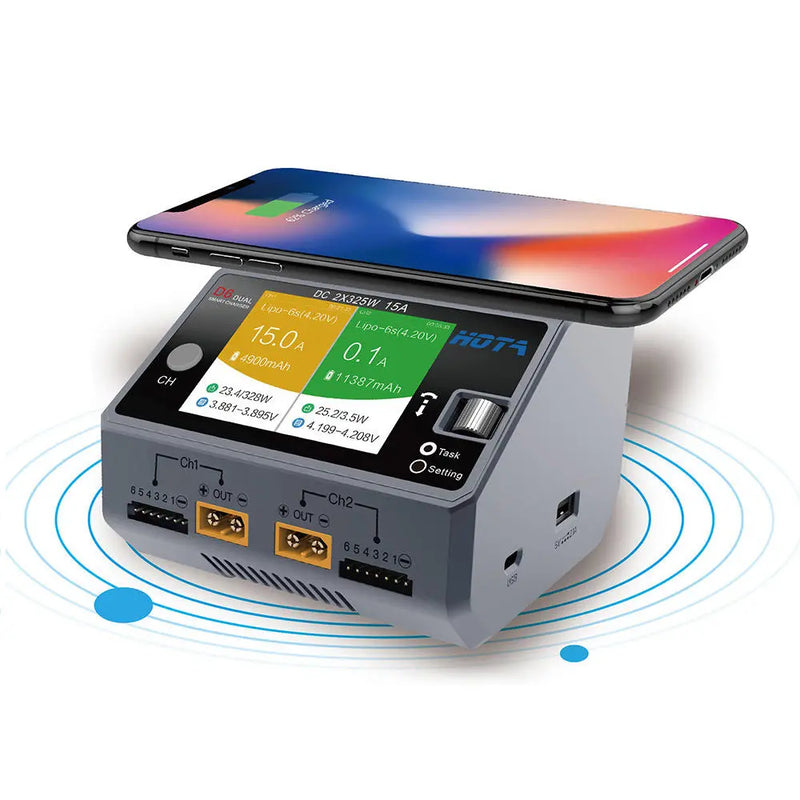 HOTA D6 DC 325W*2 15A*2 Dual Channel LiPo Battery Charger With Wireless Charging for NiZn/Nicd/NiMH battery