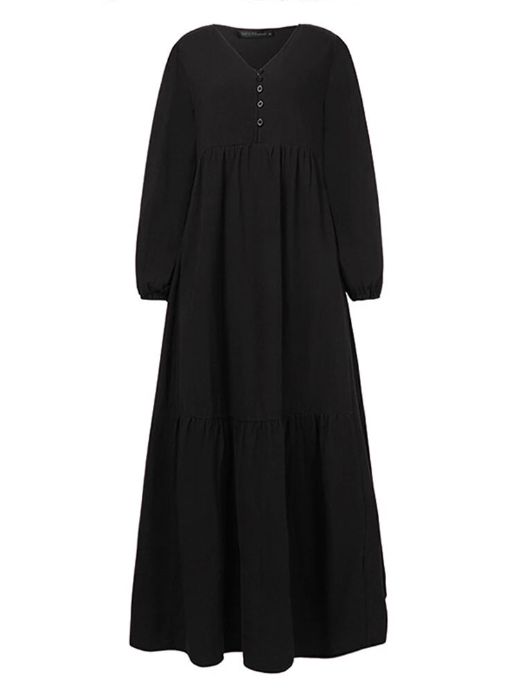 ZANZEA Plus Size Women Long Dress Solid Color V-neck Long Sleeve Causal Maxi Dress