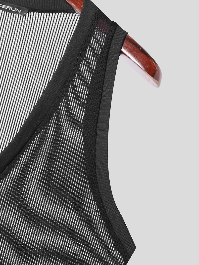 INCERUN Men Tank Tops V-neck Mesh Knitted Sleeveless Vests Streetwear Tanks Fashion Casual Men Top Clothing