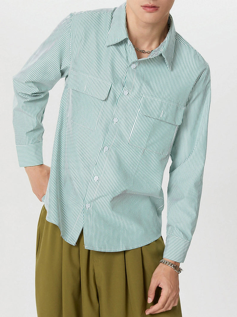 INCERUN Mes Daily Casual Striped Shirt with Double Breast Pocket