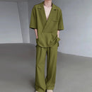 INCERUN Men's Two-piece Outfits, Suit Collar Draped Short Sleeve Shirt + Pant, Casual Comfy Loose Suits For Summer