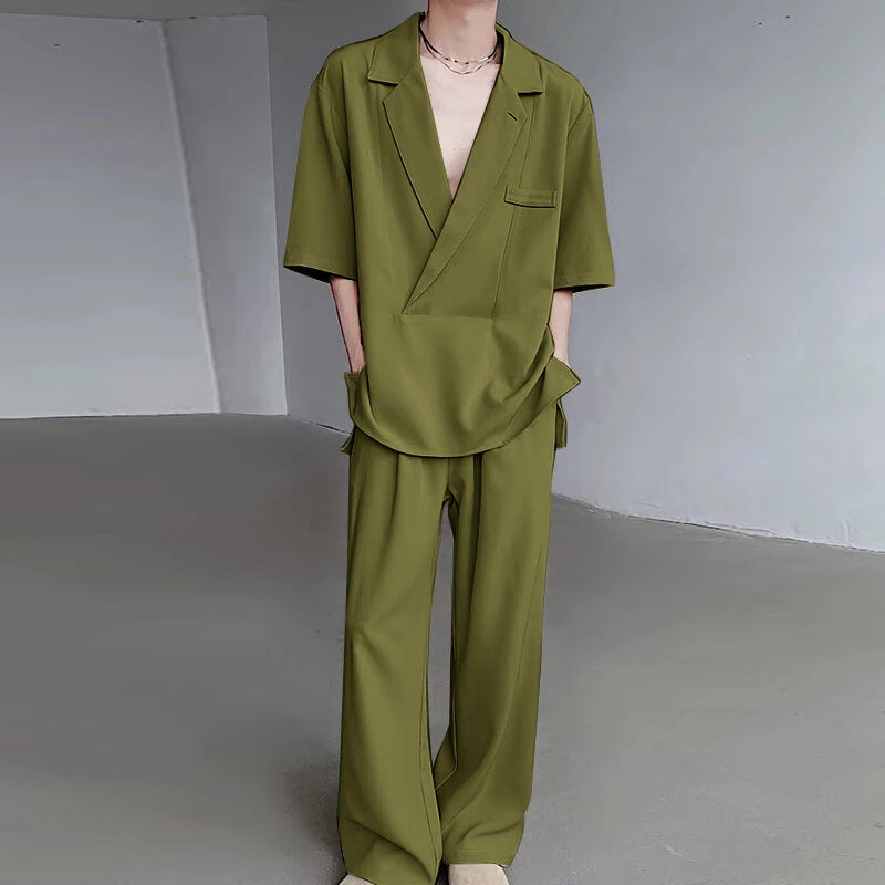 INCERUN Men's Two-piece Outfits, Suit Collar Draped Short Sleeve Shirt + Pant, Casual Comfy Loose Suits For Summer