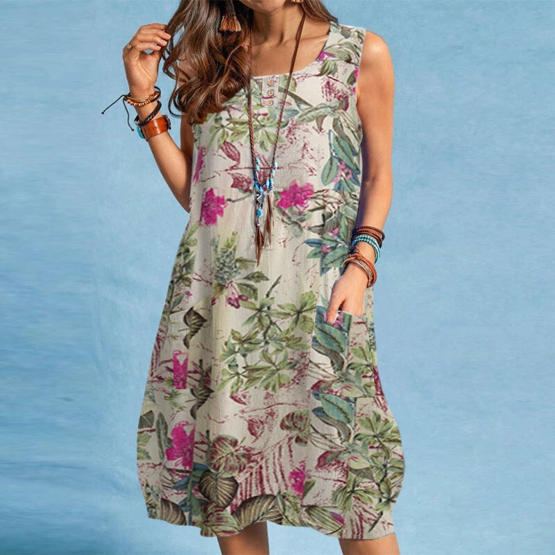 ZANZEA Plus Size Women Plant Print Dress Button Pocket Sleeveless Cotton Linen Casual Holiday Midi Dresses S-5XL