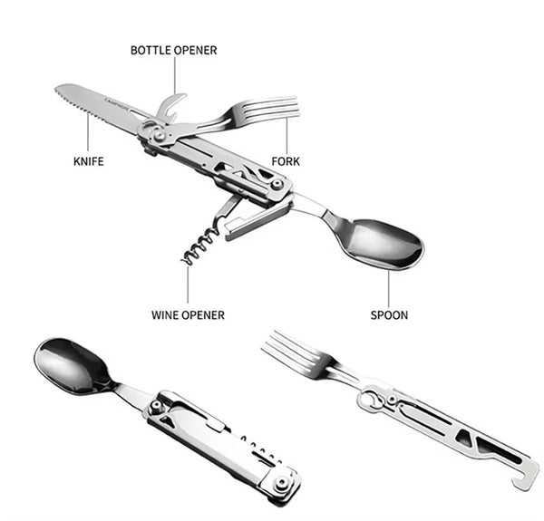 IPRee Outdoor Stainless Steel Multifunctional Camping Folding Knife Fork and Spoon Camping Equipment Panier Osier Camping Equipment