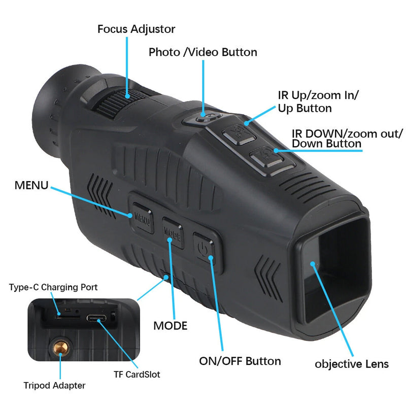 IPRee R11 Night Vision Monocular,10X Zoom, QHD Photo and Video Night Portable Vision 800m Visible Distance, Support Adult Helmet For Camping, Bird watching, Hunting