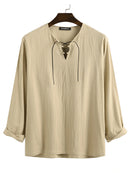 Mens Solid Lace-Up Neck 100%Cotton Long Sleeve T-Shirt