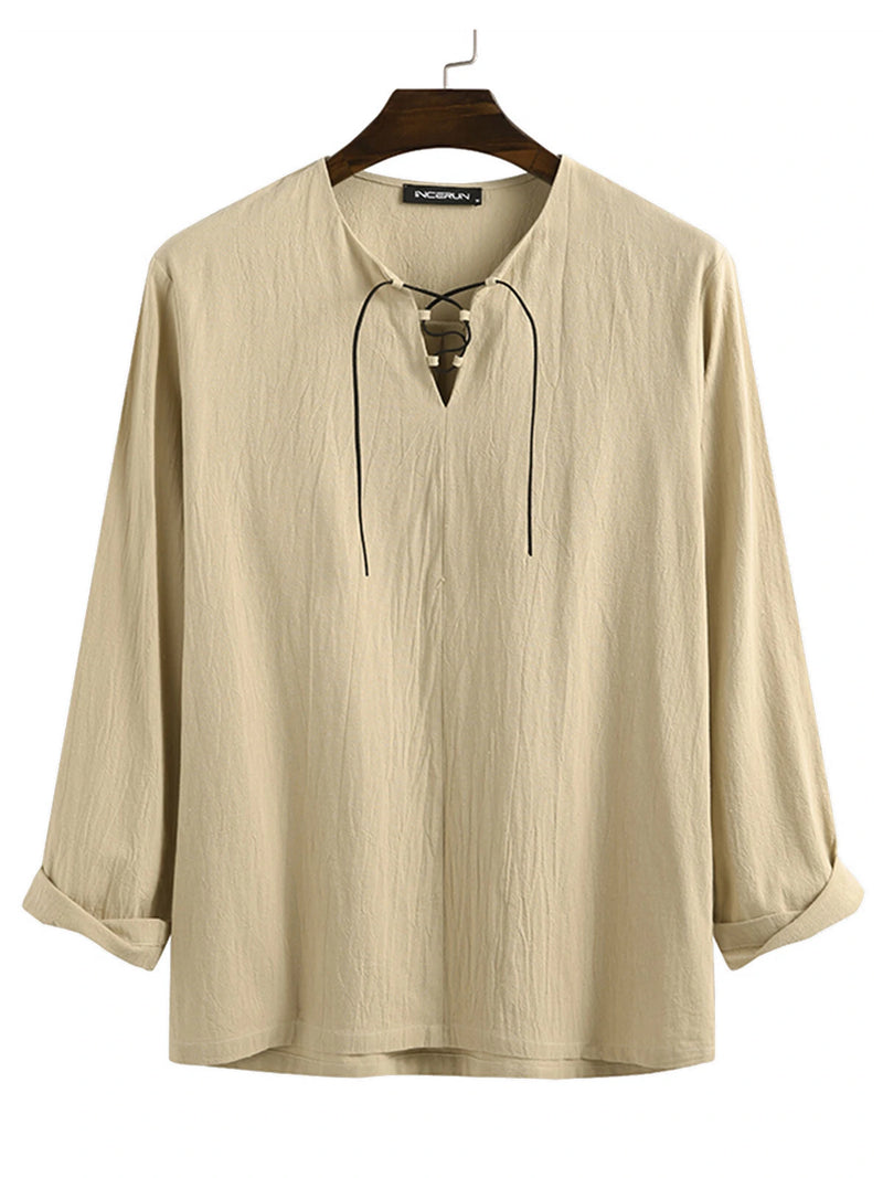 Mens Solid Lace-Up Neck 100%Cotton Long Sleeve T-Shirt
