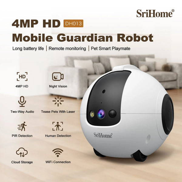SriHome DH013 4MP HD Smart Pet Camera WiFi Mobile Robot with AI Tracking Auto Recharge 10000mAh Battery Night Vision Two Way Audio for Monitoring and Playing with Pets