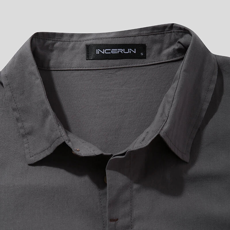 INCERUN Mens Summer Casual Cool Comfort Solid Color Lapel Shirts