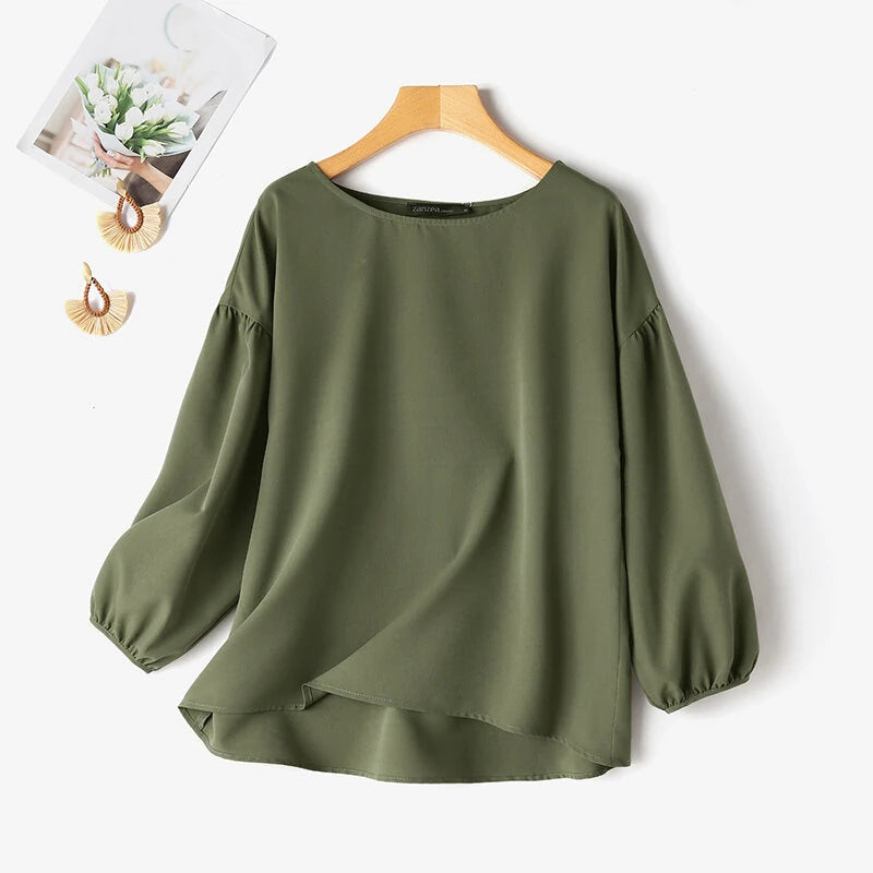ZANZEA Women's Round Neck Drop Shoulder Lantern Sleeve Loose Casual Solid Blouses