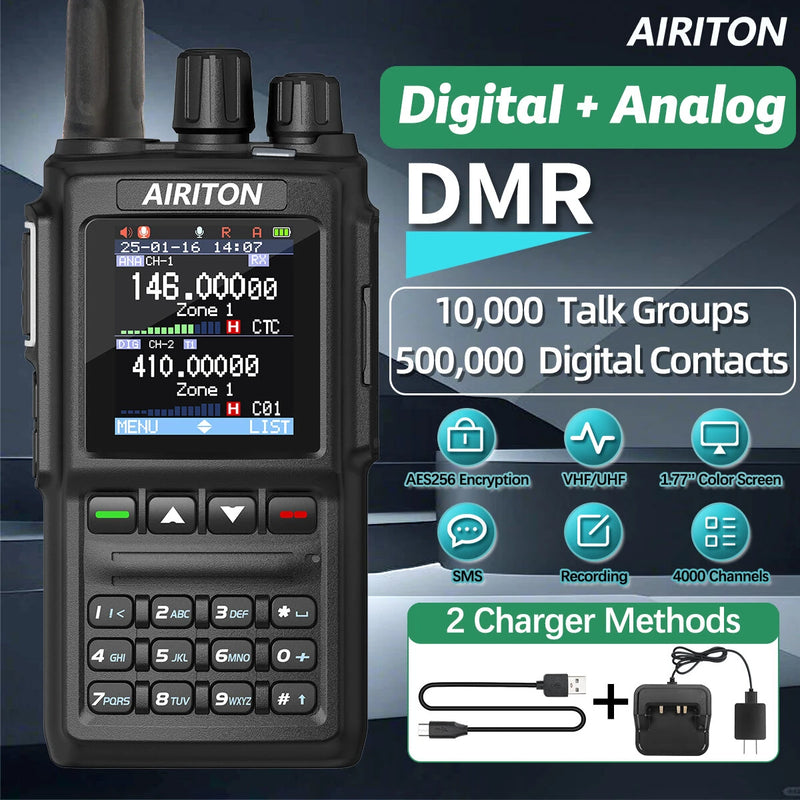 AIRITON DM-168 DMR Digital Analog Dual Mode Walkie Talkie 4000 Channels AES256 Encryption Type-C Rechargeable VHF UHF Dual Band Professional Two Way Radio