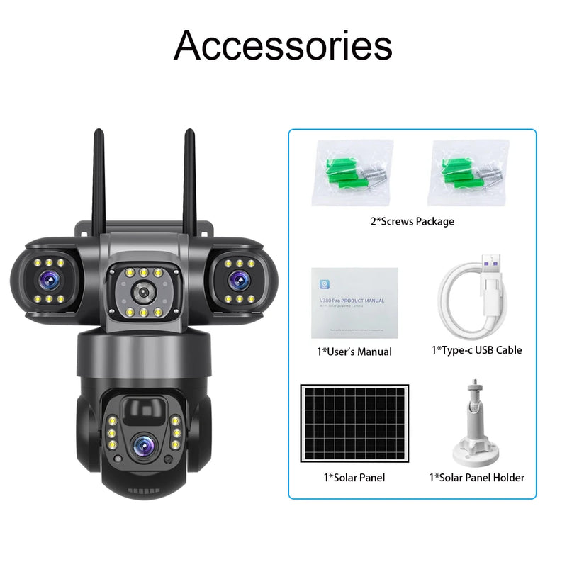 V380 4G 6MP Solar Security Camera 3-Lens System  Dual-Charging Night Vision Motion Alerts 4G European Version Security Camera