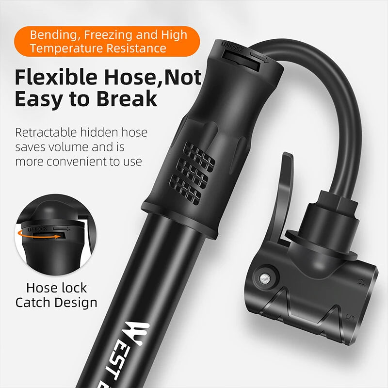 WEST BIKING 100PSI Mini Bicycle Air Pump Portable Hand Pump Hose MTB Mountain Road Universal Schrader Presta Valve Waterproof Tire Inflator for Ball Cycling