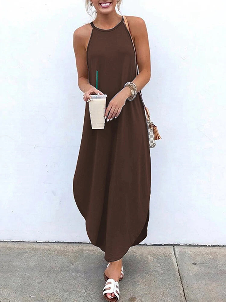 Women Sleeveless Straps High Low Hem Solid Causal Maxi Dress