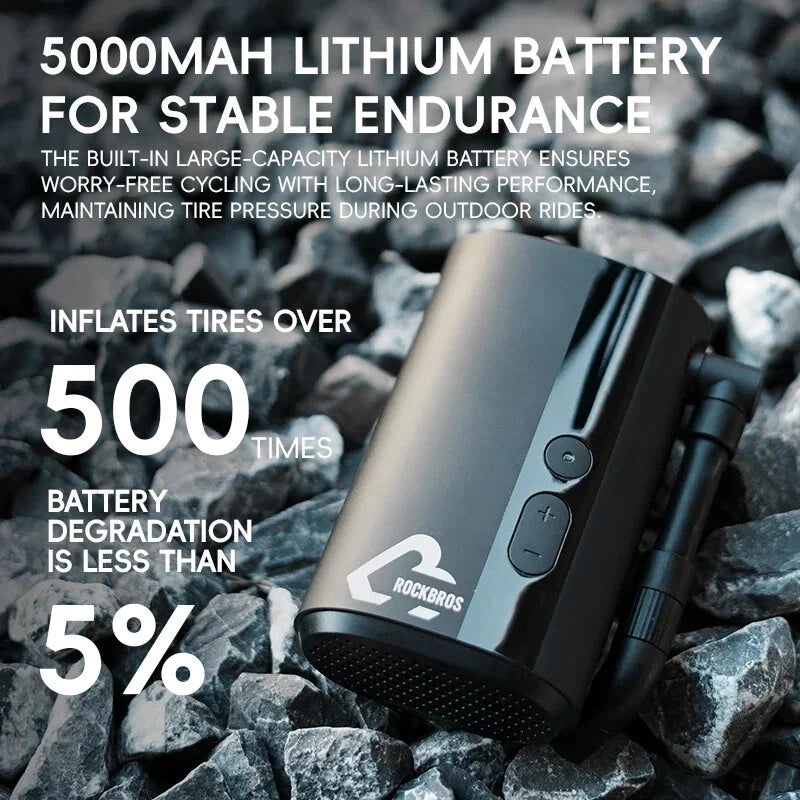 ROCKBROS Mini Electric Bike Air Pump 150PSI 5000mAh Type-C Rechargeable LED Digital Display Portable Lightweight Cycle Car Motorbike Football Inflator