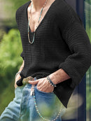 Mens Solid Long Sleeve V-neck T-shirt