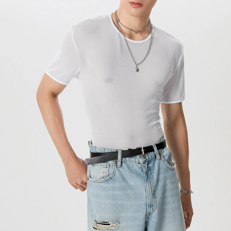INCERUN Men's T-shirt Solid Color Crew Neck Short Sleeve T-shirt with Design See Through Fabric, Chic Tops Suitable for Summer Nightclubs Leisurewear