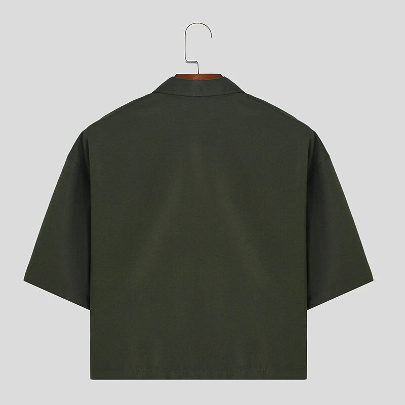 INCERUN Men Two Pieces Set Fashion Solid Color Short Shirt + Pants Summer Casual Daily Mens Clothing Set