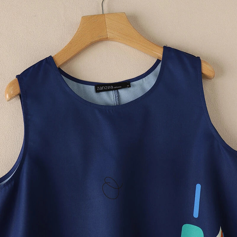 ZANZEA Women Holiday Fashion Round Neck Graphic Printed Tanks Casual Crew Neck A-Line Vests Tops