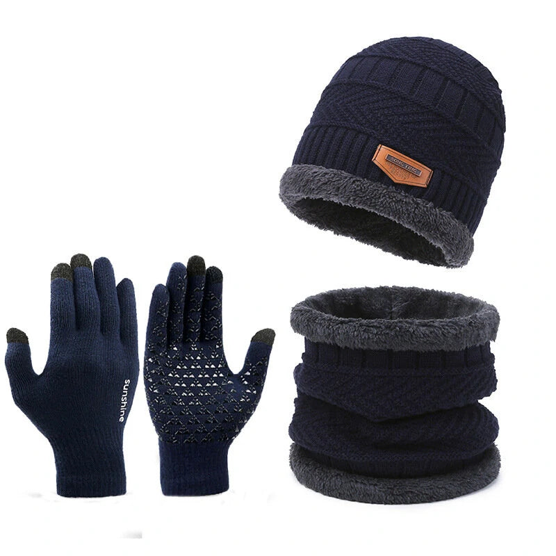 3pcs/set Women Men Winter Hat and Glove Sets Warm Knit Hat Snow Ski Skull Cap with Visor and Touch Screen Mittens Texting Gloves Set