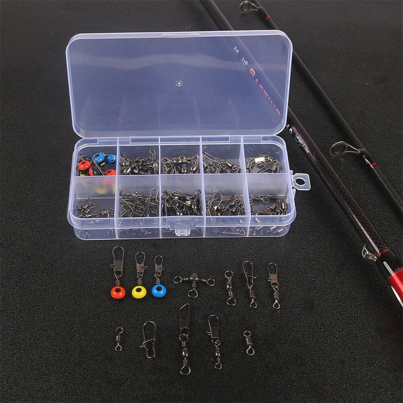 Anmuka 115pcs Fishing Connector Swivel Box Pack Pins Center Pass Swivels Sea Bean Bass Trout Fishing Accessories