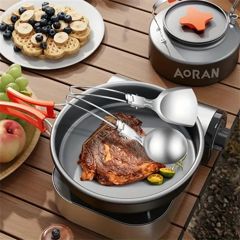 IPRee 6pcs Kitchen Accessories Multi-functional Folding Kitchenware Cookware Stainless Steel Portable Folding Soup Ladle, Perforated Spoon, Scraper, Spatula and Storage Bag