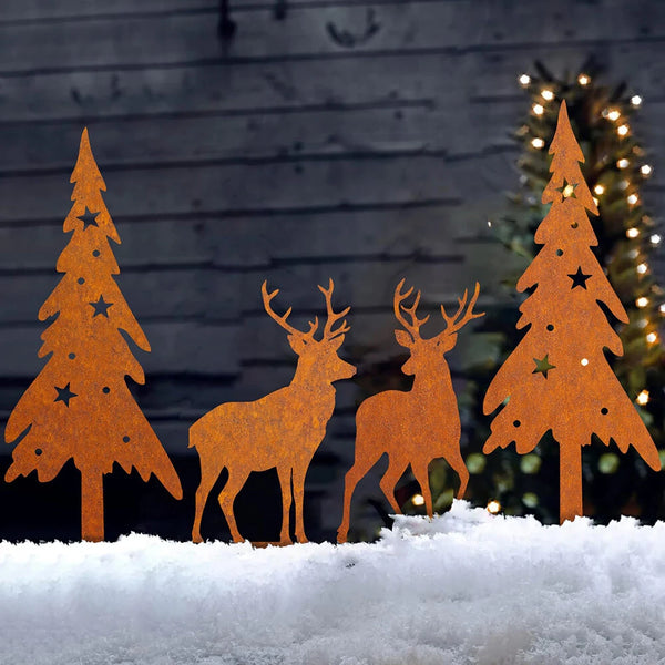 Pack of 4 Rust Stake Christmas Tree and Deer Christmas Decoration Rust Garden Stakes Christmas Trees Reindeer Christmas Decoration Outdoor Autumn Decoration