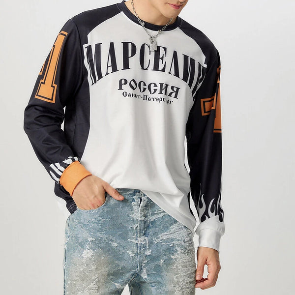 INCERUN Mens Casual Color-Block Long-Sleeve T-Shirt Fashion Loose Fit Crew Neck Racing Tshirt for Male S-5XL