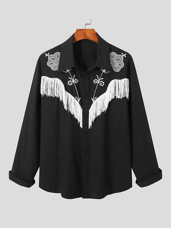 Mens Embroidered Fringe Long Sleeve Shirt