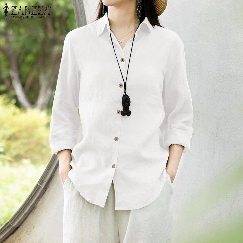 ZANZEA Women Comfortable Solid Color Blouse Fashion Long Sleeve O-Neck Shirt Casual Loose Basic Tops