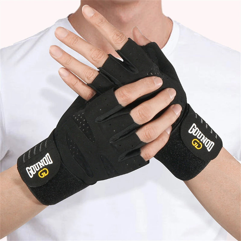 GOUNOD 1Pair Workout Half-finger Gloves Breathable Wear-resistant Extended Strap Fitness Sports Gloves for Barbell Equipment Eeightlifting Iron Exercise