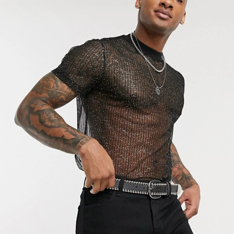 Men Mesh See-Through T-Shirt Training Fitness Sport Casual Short Sleeve Slim Fit Thin Tee Tops