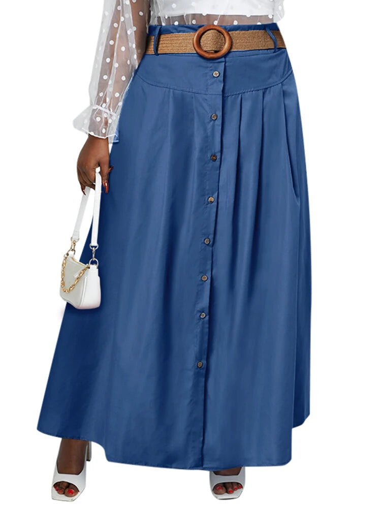 ZANZEA Plus Size Women Long Skirts, Summer Button Down Dress, Solid Color Loose Casual High Waist Long Skirt With Pocket